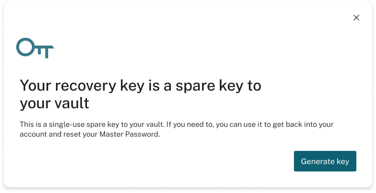 A screenshot of a recovery key dialogue window. The text reads, “Your recovery key is a spare key to your vault. This is a single-use spare key to your vault. If you need to, you can use it to get back into your account and reset your Master Password.” There is also a button that reads, “Generate key.”
